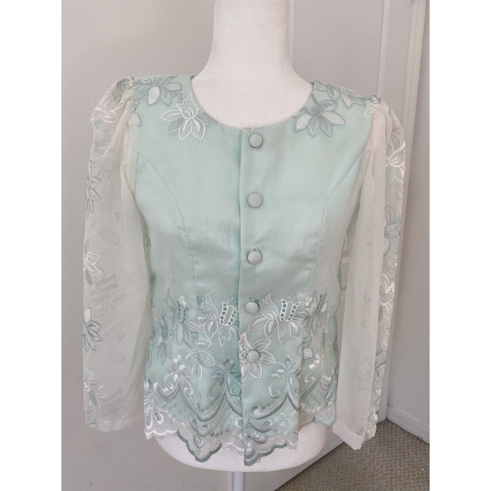 Vintage Sheer Floral Embroidered Jacket Pale Green Handmade Grannycore